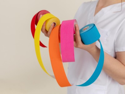 Medizinisches Personal hält verschiedenfarbige Kinesiotapes