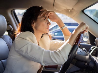 Frau im Auto mit geschlossenen Augen