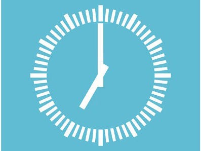 Illustration des Ziffernblatts einer Uhr als App-Kachel mit blauem Hintergrund und weißen Zeigern