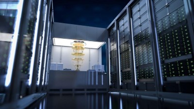 Beleuchteter Serverraum mit Reihen von Hochleistungsrechnern und LED-Lichtern.