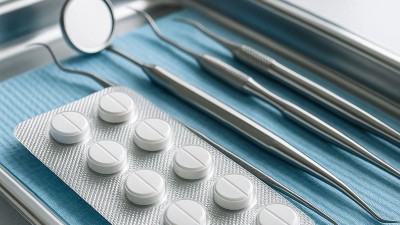 Ein Tablett mit mehreren zahnmedizinischen Handinstrumenten und einem Blister mit weißen Tabletten