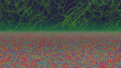 Eine Computersimulation zeigt eine Metalllegierung, in der Atome (farbige Kugeln) in subtilen chemischen Mustern unter einem Netzwerk von Versetzungen (grüne Linien) angeordnet sind. 