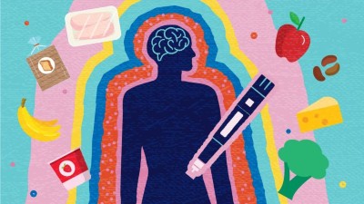 Image is a concept illustration of semaglutide plus nutrition therapy for obesity