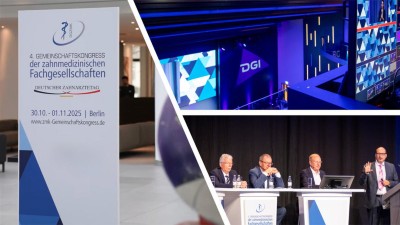 Collage aus Bildern zum 4. Gemeinschaftskongress der zahnmedizinischen Fachgesellschaften auf denen u.a. ein Schild mit dem vorgenannten Tit dem Titel sowie Ausschnitte vom Podium mit Personen zu sehen ist.