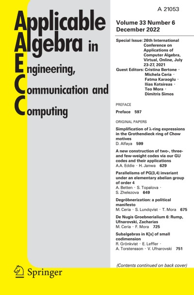 Applicable Algebra in Engineering, Communication and Computing 6/2022