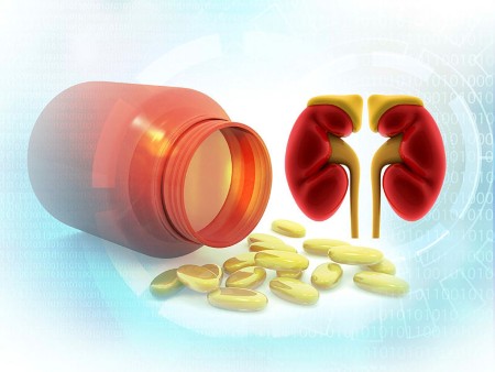 image of kidneys and a bottle of medication on a light blue background