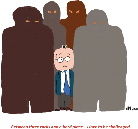 Disruption Is On the Way A cartoon sketch of a man in the middle of four stranger models. The text reads Between three rocks and a hard place, I love to be Disruption Is On the Way A cartoon sketch of a man in the middle of four stranger models. The text reads Between three rocks and a hard place, I love to be