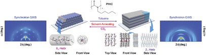 Reversible conformation-driven order–order transition of peptide-mimic poly(<i>n</i>-alkyl isocyanate) in thin films via selective solvent-annealing