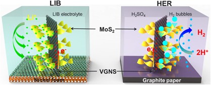MoS<sub>2</sub>-coated vertical graphene nanosheet for high-performance rechargeable lithium-ion batteries and hydrogen production