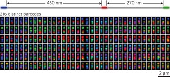 Submicrometre geometrically encoded fluorescent barcodes self-assembled from DNA