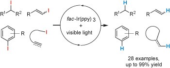 Engaging unactivated alkyl, alkenyl and aryl iodides in visible-light-mediated free radical reactions