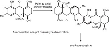 Atropselective syntheses of (−) and (+) rugulotrosin A utilizing point-to-axial chirality transfer