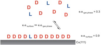 Adsorption-induced auto-amplification of enantiomeric excess on an achiral surface