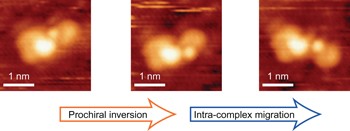 Monitoring interconversion between stereochemical states in single chirality-transfer complexes on a platinum surface