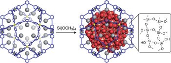 Template synthesis of precisely monodisperse silica nanoparticles within self-assembled organometallic spheres