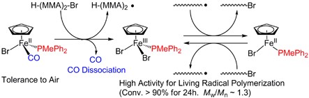 Carbonyl-phosphine hetero-ligated half-metallocene iron(II) catalysts for living radical polymerization: concomitant activity and stability