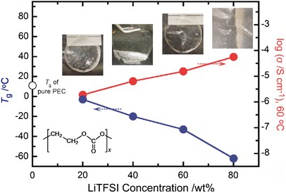 Ionic conduction in poly(ethylene carbonate)-based rubbery electrolytes including lithium salts