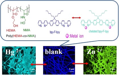 Novel highly sensitive and reversible electrospun nanofibrous chemosensor-filters composed of poly(HEMA-<i>co</i>-MNA) and bpy-F-bpy with metal-ion-modulated multicolor fluorescence emission