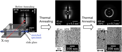 Coalescence of non-equilibrium spheres through thermal annealing in a polystyrene-<i>block</i>-poly(ethylene-<i>co</i>-butylene)-<i>block</i>-polystyrene triblock copolymer film under a uniaxially stretched state