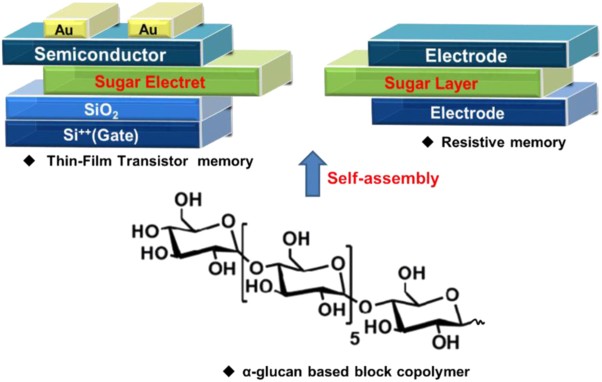 Self-assembled oligosaccharide-based block copolymers as charge-storage materials for memory devices