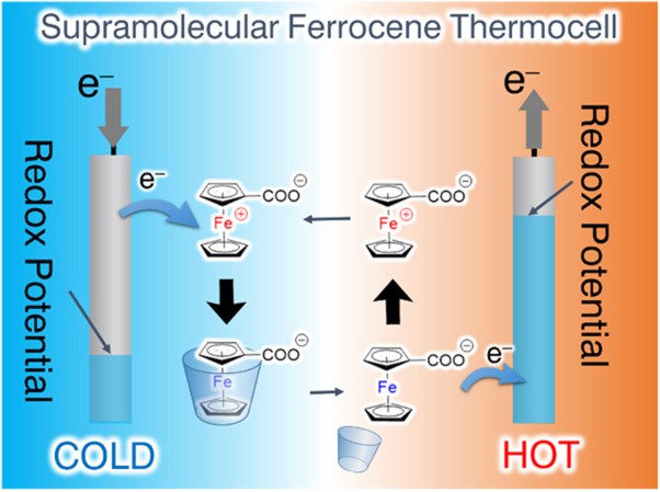 A supramolecular thermocell consisting of ferrocenecarboxylate and β-cyclodextrin that has a negative Seebeck coefficient