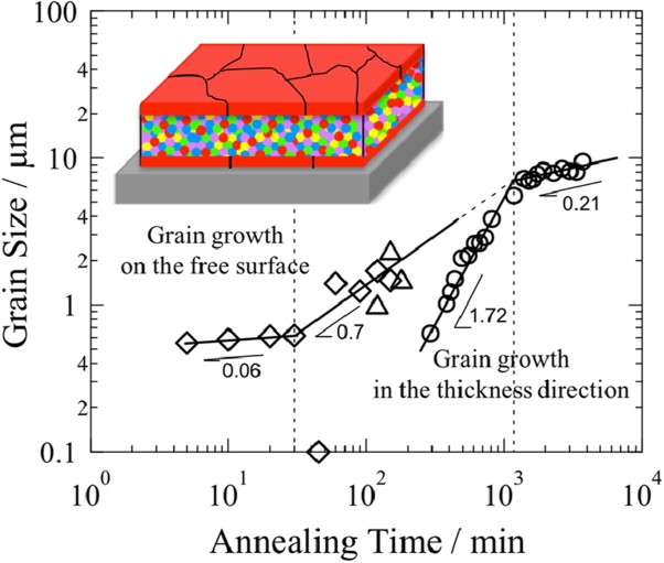 Grain coarsening on the free surface and in the thickness direction of a sphere-forming triblock copolymer film