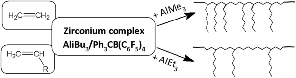 Effect of AlR<sub>3</sub> (R = Me, Et, <i>i</i>Bu) addition on the composition and microstructure of ethylene/1-olefin copolymers made with post-metallocene complexes of group 4 elements