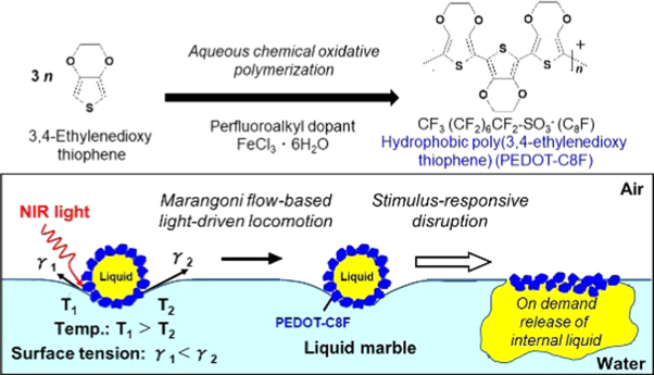 Hydrophobic poly(3,4-ethylenedioxythiophene) particles synthesized by aqueous oxidative coupling polymerization and their use as near-infrared-responsive liquid marble stabilizer