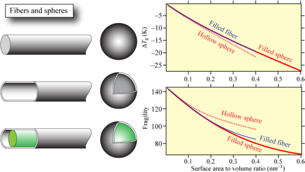 Glass transition and fragility of nanosized polymeric fibers and spheres predicted from a surface-controlled model