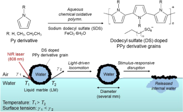 Dodecyl sulfate-doped polypyrrole derivative grains as a light-responsive liquid marble stabilizer