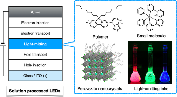 Recent advances in solution-processed organic and perovskite nanocrystal light-emitting devices