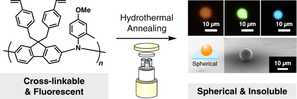 Hydrothermal crosslinking of poly(fluorenylamine) with styryl side chains to produce insoluble fluorescent microparticles