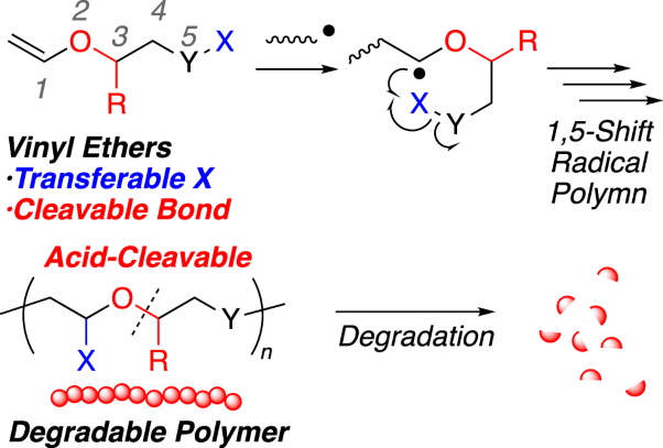 Synthesis of degradable polymers via 1,5-shift radical isomerization polymerization of vinyl ether derivatives with a cleavable bond