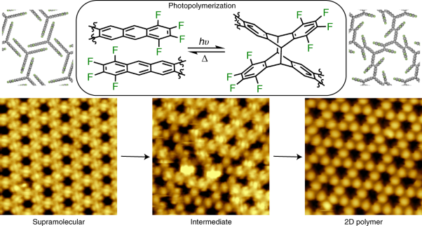 On-surface photopolymerization of two-dimensional polymers ordered on the mesoscale