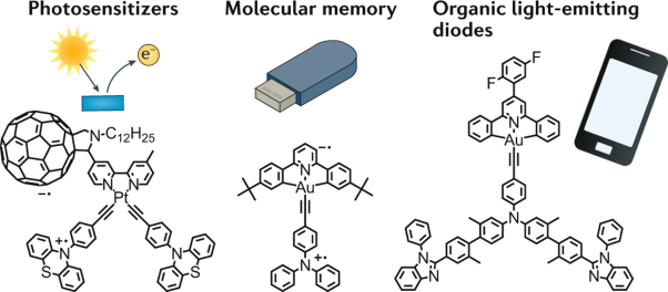 Charge-transfer processes in metal complexes enable luminescence and memory functions
