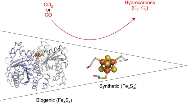Ambient conversion of CO<sub>2</sub> to hydrocarbons by biogenic and synthetic [Fe<sub>4</sub>S<sub>4</sub>] clusters