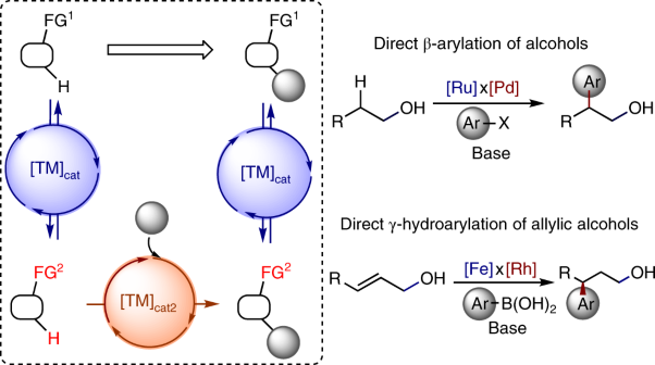 Dual-catalytic transition metal systems for functionalization of unreactive sites of molecules