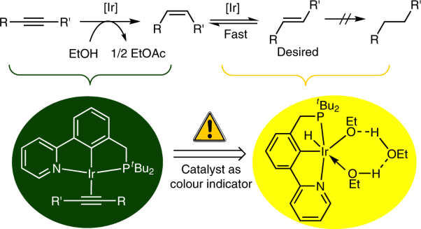 Catalyst as colour indicator for endpoint detection to enable selective alkyne <i>trans</i>-hydrogenation with ethanol