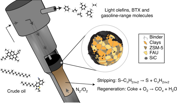 One-step conversion of crude oil to light olefins using a multi-zone reactor