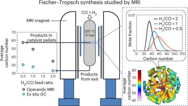 Operando magnetic resonance imaging of product distributions within the pores of catalyst pellets during Fischer–Tropsch synthesis