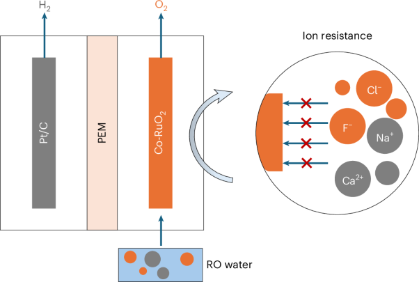 Cost-efficient and stable electrolysis of reverse osmosis water using a Co-RuO<sub>2</sub>-enabled PEM electrolyser