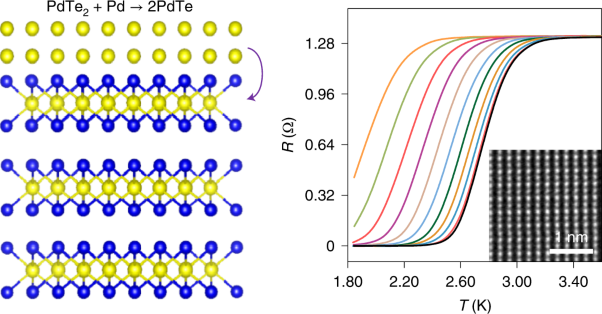 Synthesis of superconducting two-dimensional non-layered PdTe by interfacial reactions