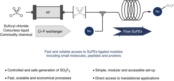 A modular flow platform for sulfur(VI) fluoride exchange ligation of small molecules, peptides and proteins