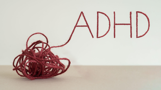 The image depicts a ball of yarn unwinding into the shape of the letters, “ADHD”