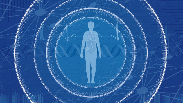 A human body showing various organs, on a background of biometric, biological and mathematical patterns.