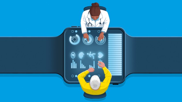  Illustrative depiction of doctor and patient sitting opposite each other, across a large smartwatch. The background is blue.