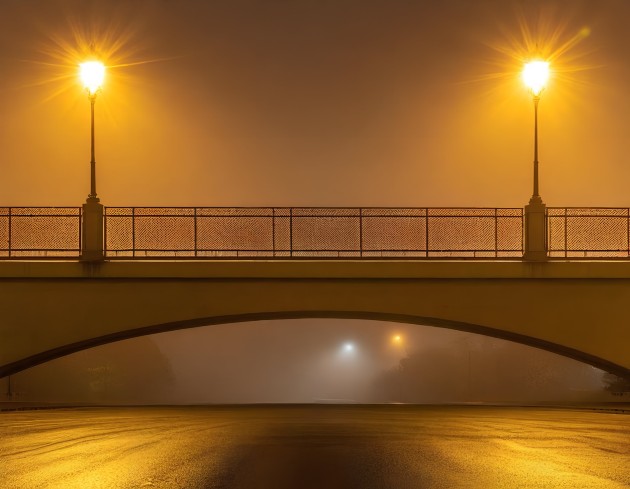 A bridge illuminated by two lights on either side 