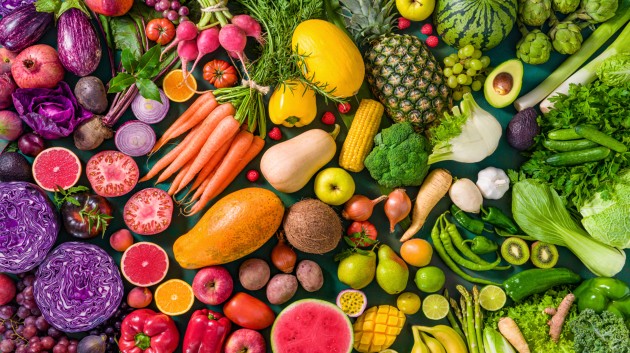 A rainbow display of fruits and vegetables