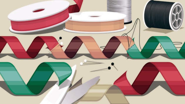 An RNA as a ribbon of fabric laid out on a table surrounded by tailoring tools like scissors, pins, needles (symbolizing splicing factors). Parts of the ribbon (introns) have been cut out; stitches and seam lines represent where exons are joined