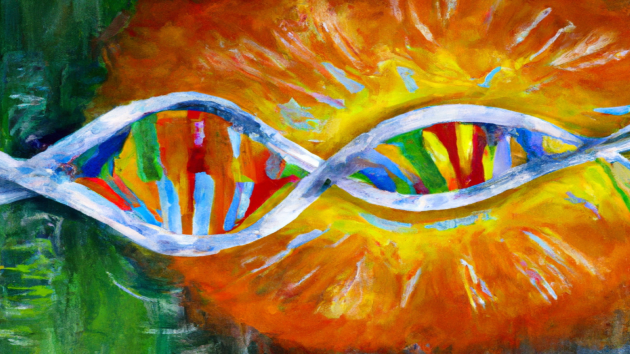 Expressionist-style artistic rendering of a strand of DNA with a bright yellow-orange light emanating from it